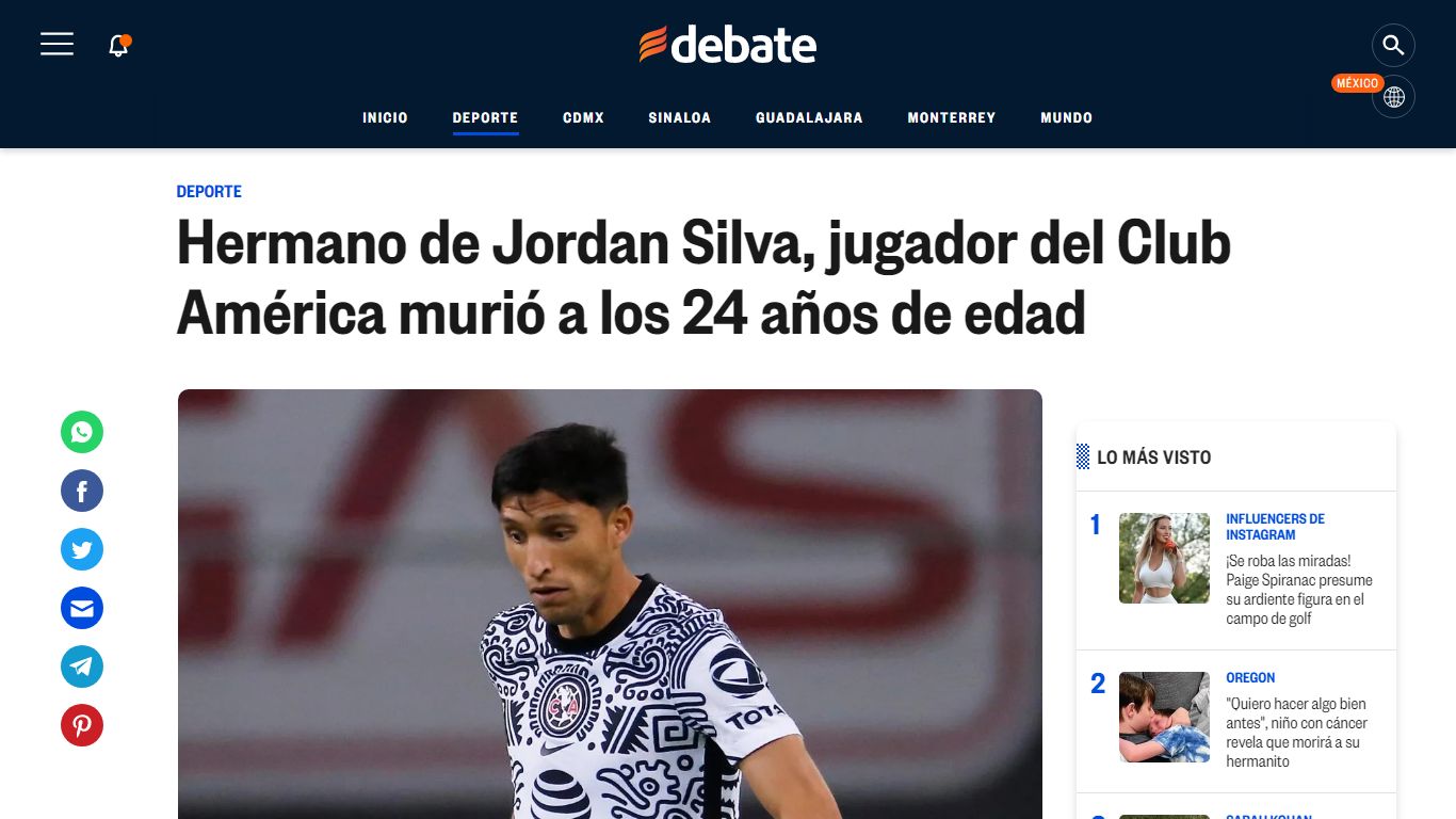Muere hermano del jugador Jordan Silva del Club América a los 24 años